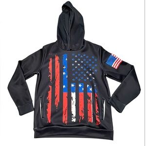 Youth Large Black American Flag Patriotic Hoodie Pullover Polyester Pockets